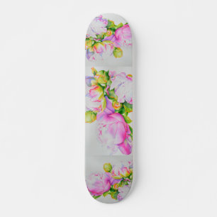 Peonies, pink, white, floral watercolor painting skateboard
