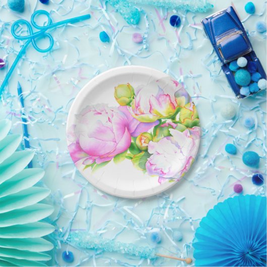 Peonies, rosa, weiß, Aquarellmalerei Pappteller (Party)