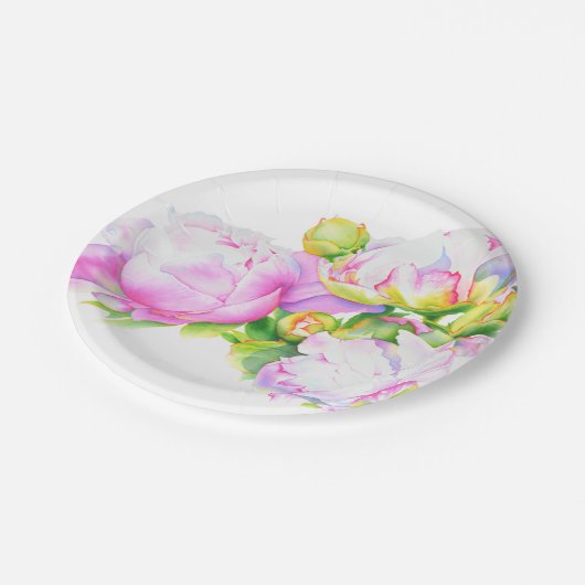 Peonies, rosa, weiß, Aquarellmalerei Pappteller (Schrägansicht)