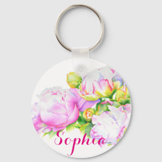 Peonies, rosa, weiß, Aquarellmalerei Schlüsselanhänger