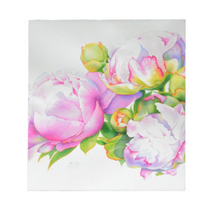 Peonies, rosa, weiß, blühende Aquarellbilder Notizblock