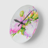 Peonies, rosa, weiß, blühende Aquarellbilder Runde Wanduhr (Winkel)