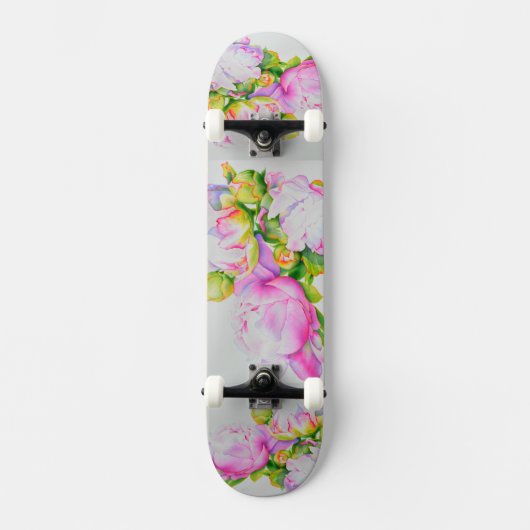 Peonies, rosa, weiß, blühende Aquarellbilder Skateboard (Vorderseite)