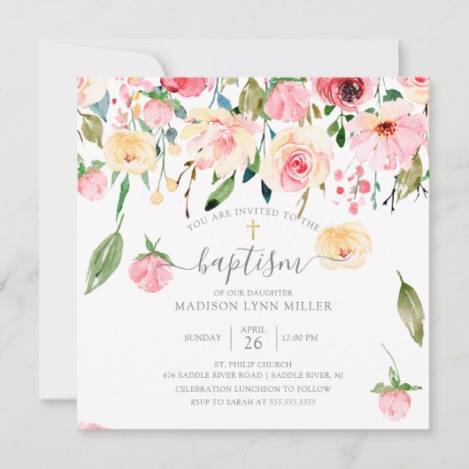 Peonies Rose Blumentaufen Einladung (Vorderseite)