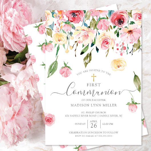 Peonies Rose Floral First Communation Einladung
