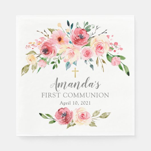 Peonies Rose Floral First Communation Serviette (Vorderseite)