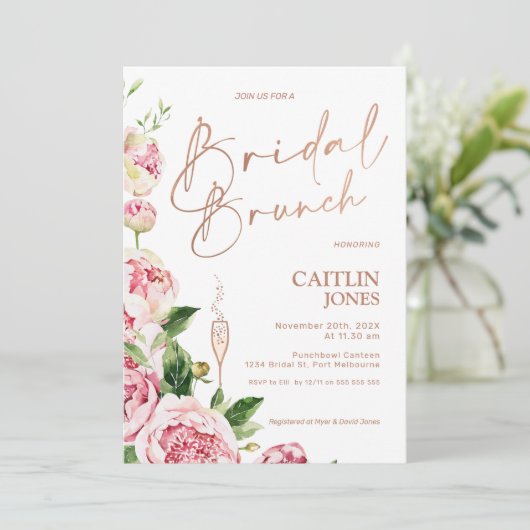 Peonies Rose Gold Bridal Brunch Brunch Dusche Einladung (Stehend Vorderseite)
