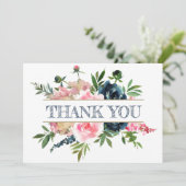 Peonies Rose Pink & Navy Wasserfarbenhochzeit Dankeskarte (Stehend Vorderseite)