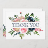 Peonies Rose Pink & Navy Wasserfarbenhochzeit Dankeskarte (Vorne/Hinten)