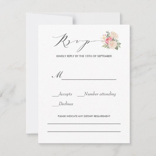 Peonies Typografy dietary Requirements Hochzeit RSVP Karte (Vorderseite)