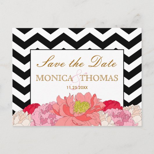Peonies und Chevrons Save the Date Postkarte (Vorderseite)