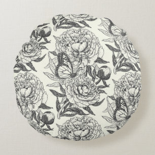 Peonies und Schmetterlinge blockieren Druck, schwa Rundes Kissen