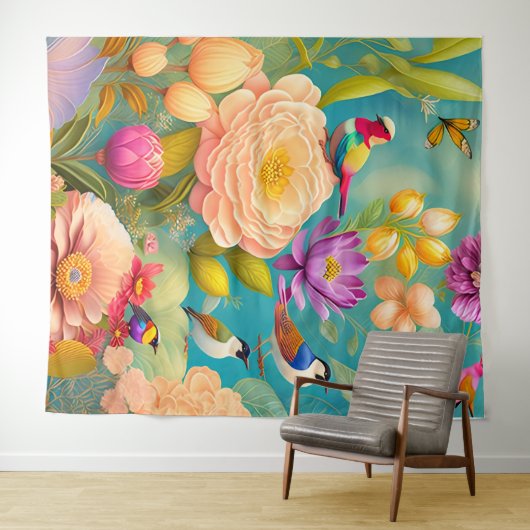 Peonies und Vögel in Pastellfarben Wandteppich (Beispiel (Horizontal))