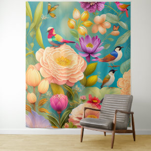 Peonies und Vögel in Pastellfarben Wandteppich