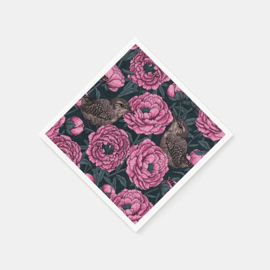 Peonies und Warnen auf dunkelgrau Serviette (Ecke)