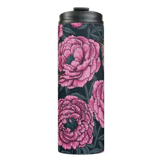 Peonies und Warnen auf dunkelgrau Thermosbecher (Vorderseite)