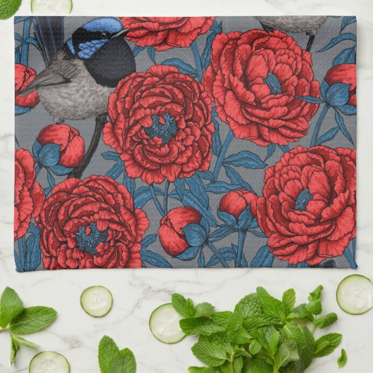 Peonies und Warnen Geschirrtuch (Gefaltet)