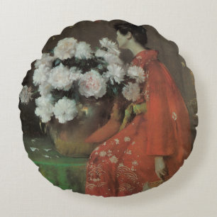 Peonies von William Merritt Chase, Vintage Kunst Rundes Kissen