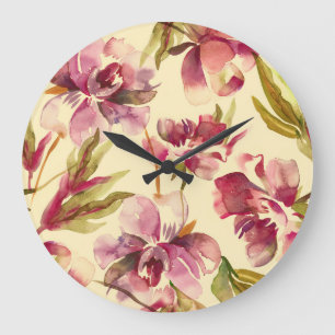 Peonies Watercolor: Nahtlose Hintergrundblicke Große Wanduhr