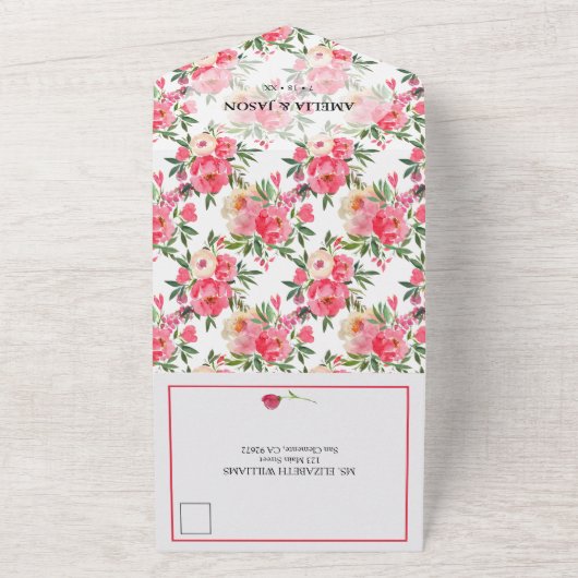 Peonies Watercolor Wedding All In One Einladung (Außenbereich)