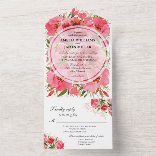 Peonies Watercolor Wedding All In One Einladung (Innen Boden)