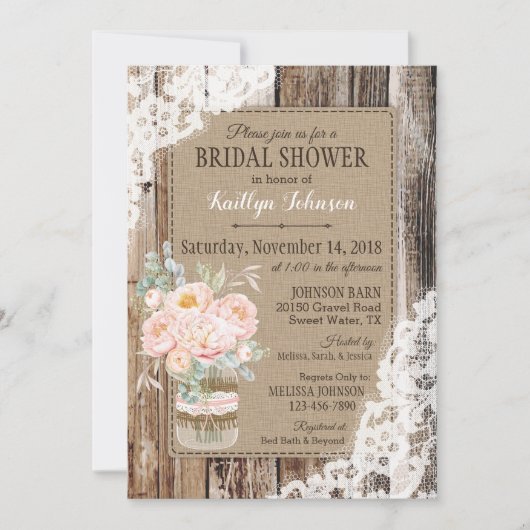 Peonies Wood Lace Rustikales Brautparty Einladung (Vorderseite)