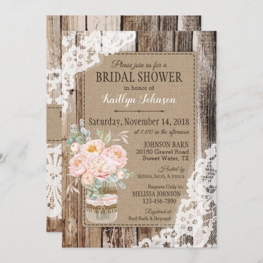 Peonies Wood Lace Rustikales Brautparty Einladung (Vorne/Hinten)