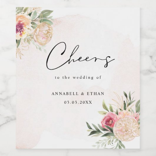 Peony and Gold Bloom Cheers Wedding Wine Label Weinetikett (Einzelnes Label)