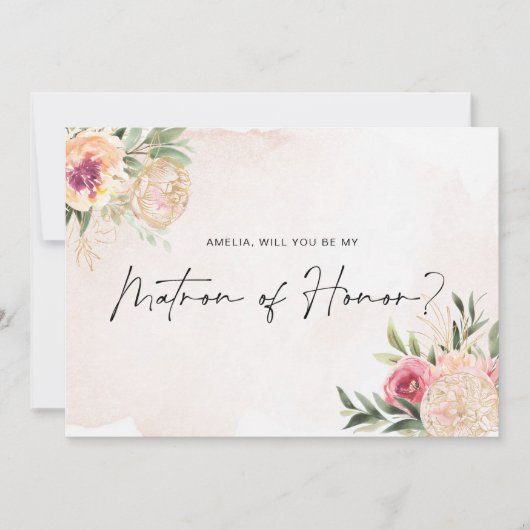 Peony and Gold Bloom Matron of Honor Flat Card (Vorderseite)