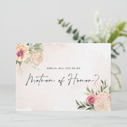 Peony and Gold Bloom Matron of Honor Flat Card (Stehend Vorderseite)