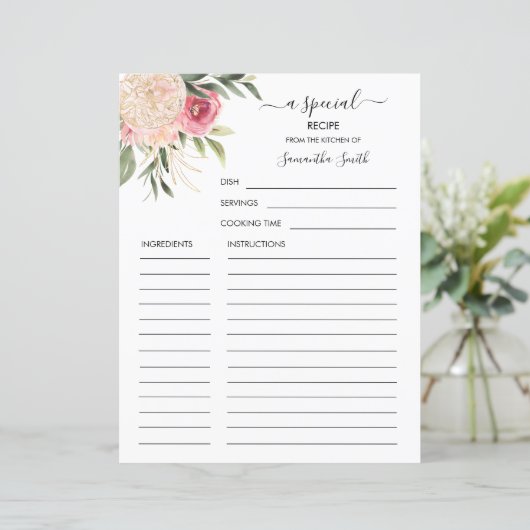 Peony and Gold Blume Name Rezept Card (Stehend Vorderseite)