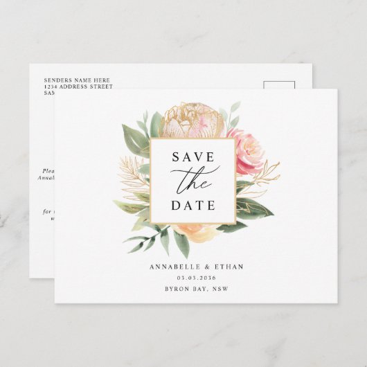 Peony and Gold Blume Save the Date Postcard Postkarte (Vorne/Hinten)