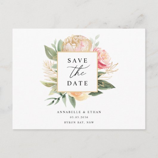 Peony and Gold Blume Save the Date Postcard Postkarte (Vorderseite)