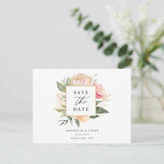 Peony and Gold Blume Save the Date Postcard Postkarte (Stehend Vorderseite)
