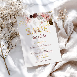 Peony and Gold Burgundy Floral Wedding Save The Date