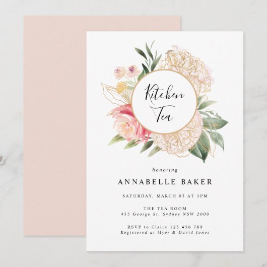 Peony and Gold Foil Bloom Kitchen Einladung (Vorne/Hinten)