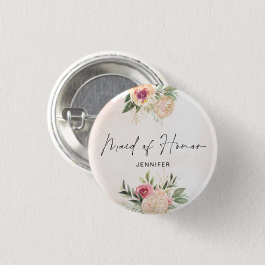 Peony and Gold Foil Bloom Trauzeugin Abzeichen Button (Vorne & Hinten)