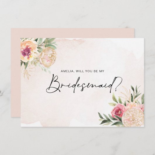 Peony and Gold Foil Blooms Bridesmaid Flat Card Dankeskarte (Vorne/Hinten)