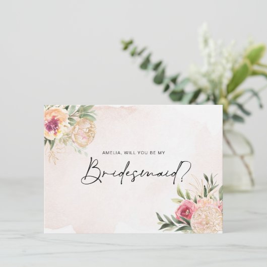 Peony and Gold Foil Blooms Bridesmaid Flat Card Dankeskarte (Stehend Vorderseite)