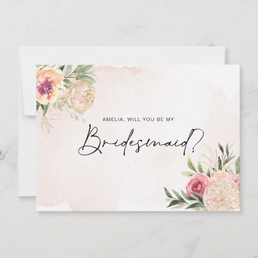 Peony and Gold Foil Blooms Bridesmaid Flat Card Dankeskarte (Vorderseite)