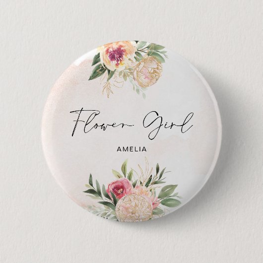 Peony and Gold Foil Blume Blume Abzeichen Button (Vorderseite)