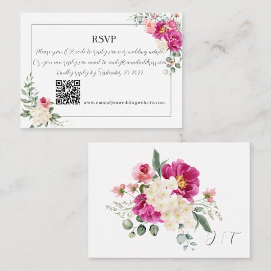 Peony and Rose Greenery QR Code RSV Mitteilungskarte (Vorne/Hinten)