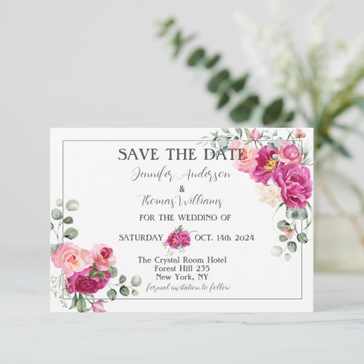 Peony and Rose Greenery Save the Date (Stehend Vorderseite)