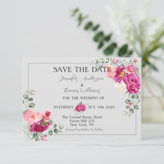 Peony and Rose Greenery Save the Date (Stehend Vorderseite)