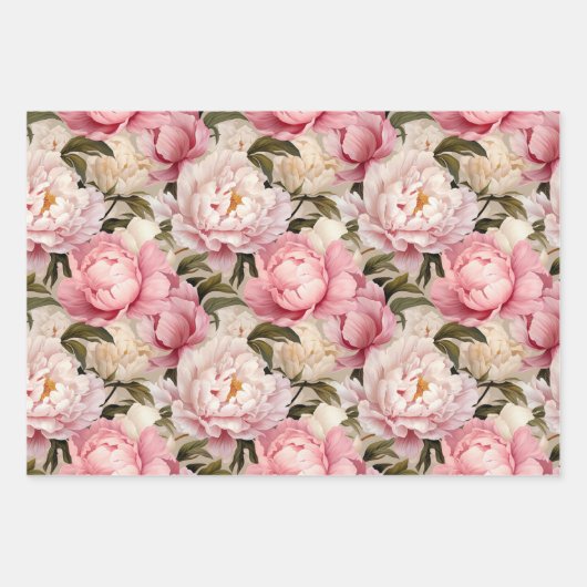 Peony blüht große rosa, weiße Wiederholungsmuster Geschenkpapier Set (Vorderseite)