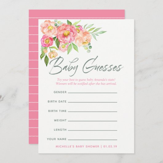 Peony Blume Baby Shower Baby Predictions Game Einladung (Vorne/Hinten)