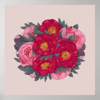 Peony Blume Bouquet Botanisches Rotes Rotes Rosa Poster