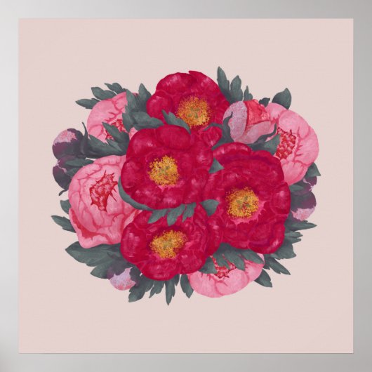 Peony Blume Bouquet Botanisches Rotes Rotes Rosa Poster (Vorne)