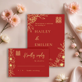 Peony Blume Modernes chinesisches Red Gold Wedding Einladung