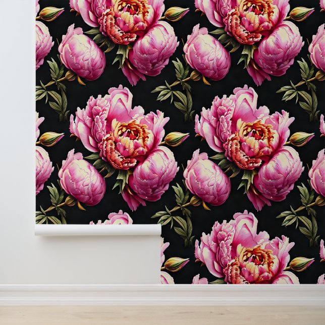 Peony Blumen pattern pink schwarz grüne Blüte Tapete (Anwendung)